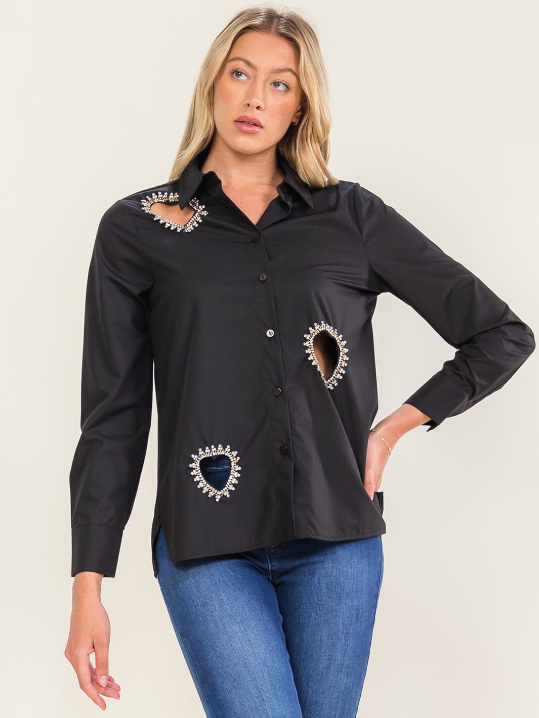 WOMEN'S LONG SLEEVE BUTTON UP STUDS HEARTS DETAILED BLOUSE