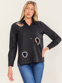 WOMEN'S LONG SLEEVE BUTTON UP STUDS HEARTS DETAILED BLOUSE