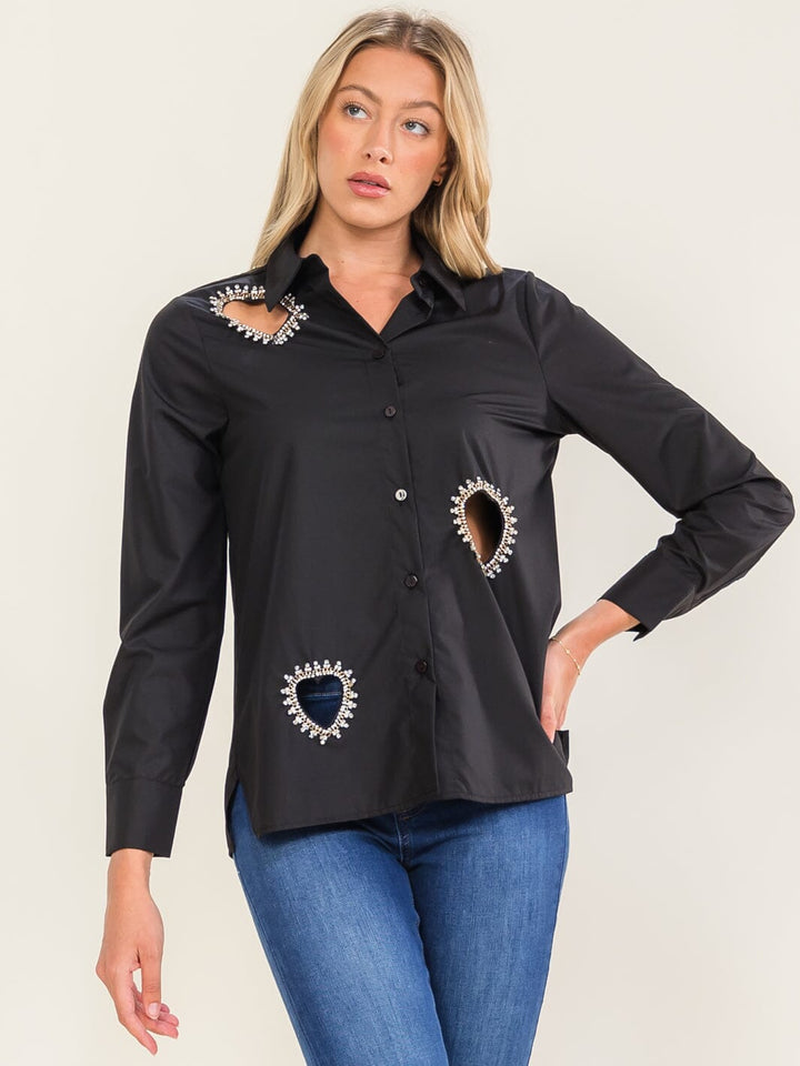 WOMEN'S LONG SLEEVE BUTTON UP STUDS HEARTS DETAILED BLOUSE
