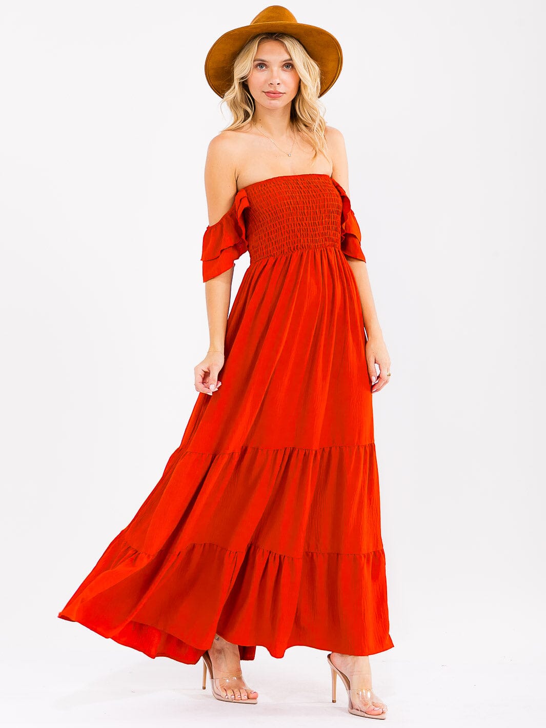 WOMEN'S OFF SHOULDER SMOCK TIERED MAXI DRESS