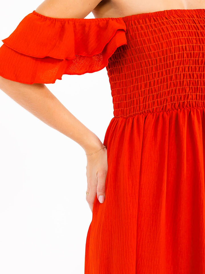 WOMEN'S OFF SHOULDER SMOCK TIERED MAXI DRESS