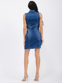 WOMEN'S SLEEVELESS BUTTON UP FRONT POCKETS WASHED DENIM MINI DRESS