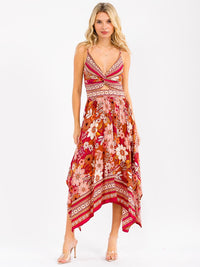 WOMEN'S SLEEVELESS V-NECK SMOCK FLORAL HIGH-LOW MAXI DRESS