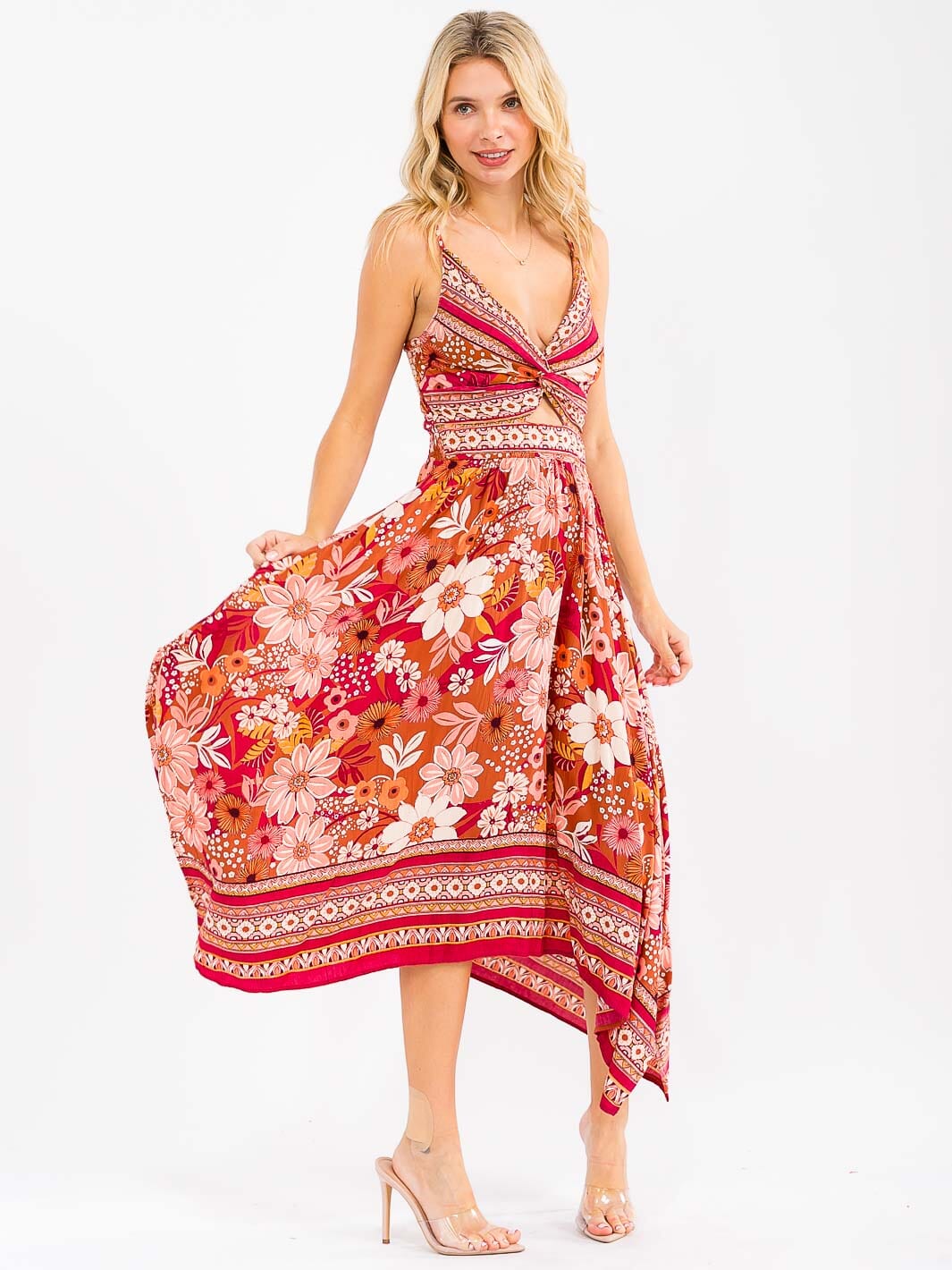 WOMEN'S SLEEVELESS V-NECK SMOCK FLORAL HIGH-LOW MAXI DRESS