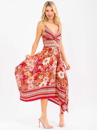 WOMEN'S SLEEVELESS V-NECK SMOCK FLORAL HIGH-LOW MAXI DRESS