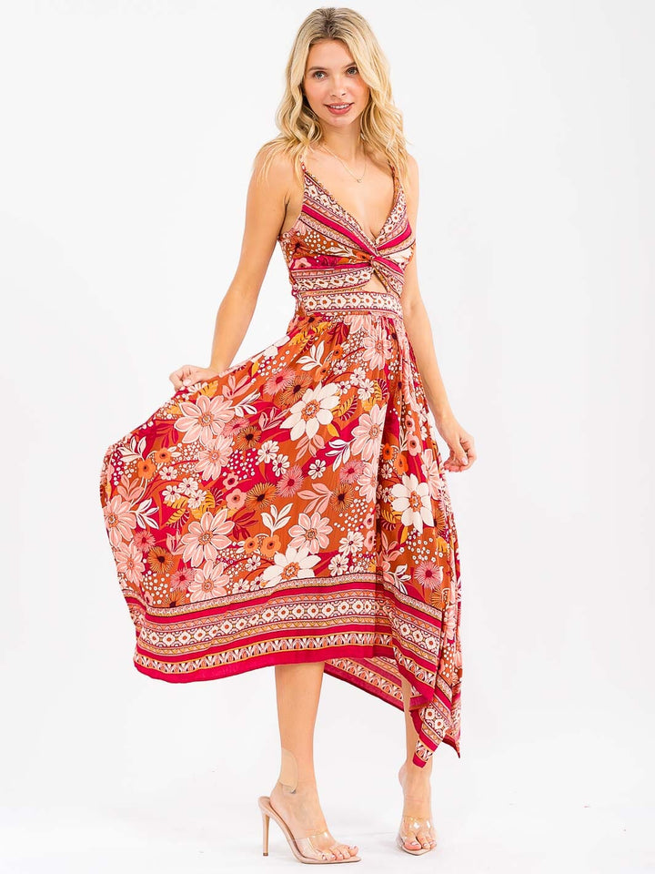 WOMEN'S SLEEVELESS V-NECK SMOCK FLORAL HIGH-LOW MAXI DRESS