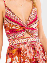WOMEN'S SLEEVELESS V-NECK SMOCK FLORAL HIGH-LOW MAXI DRESS