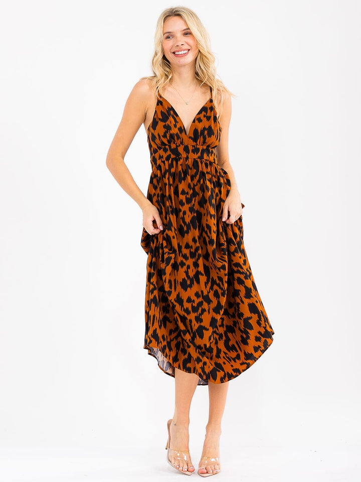 WOMEN'S SLEEVELESS V-NECK OPEN BACK ANIMAL PRINT MAXI DRESS