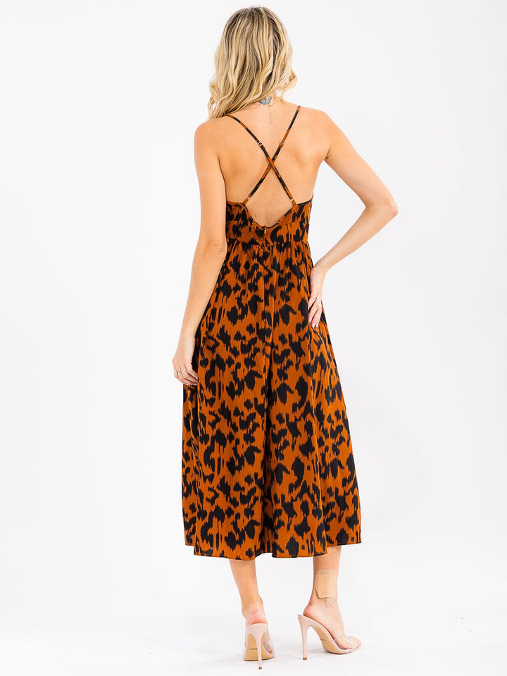 WOMEN'S SLEEVELESS V-NECK OPEN BACK ANIMAL PRINT MAXI DRESS