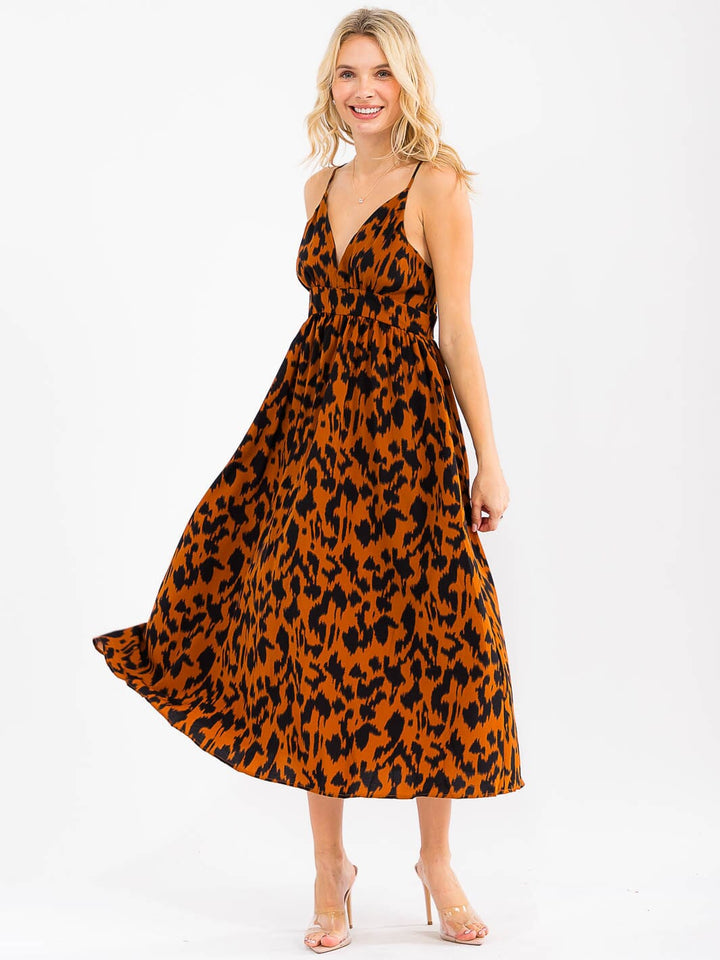 WOMEN'S SLEEVELESS V-NECK OPEN BACK ANIMAL PRINT MAXI DRESS