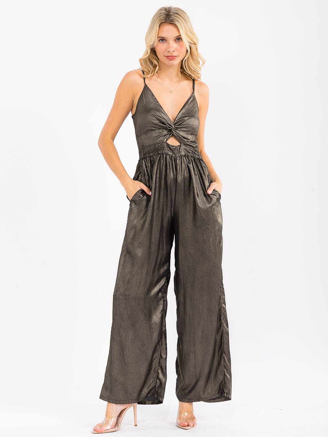 WOMEN'S SLEEVELESS V-NECK KEY HOLE FRONT POCKETS WIDE LEG SHIMMER JUMPSUIT