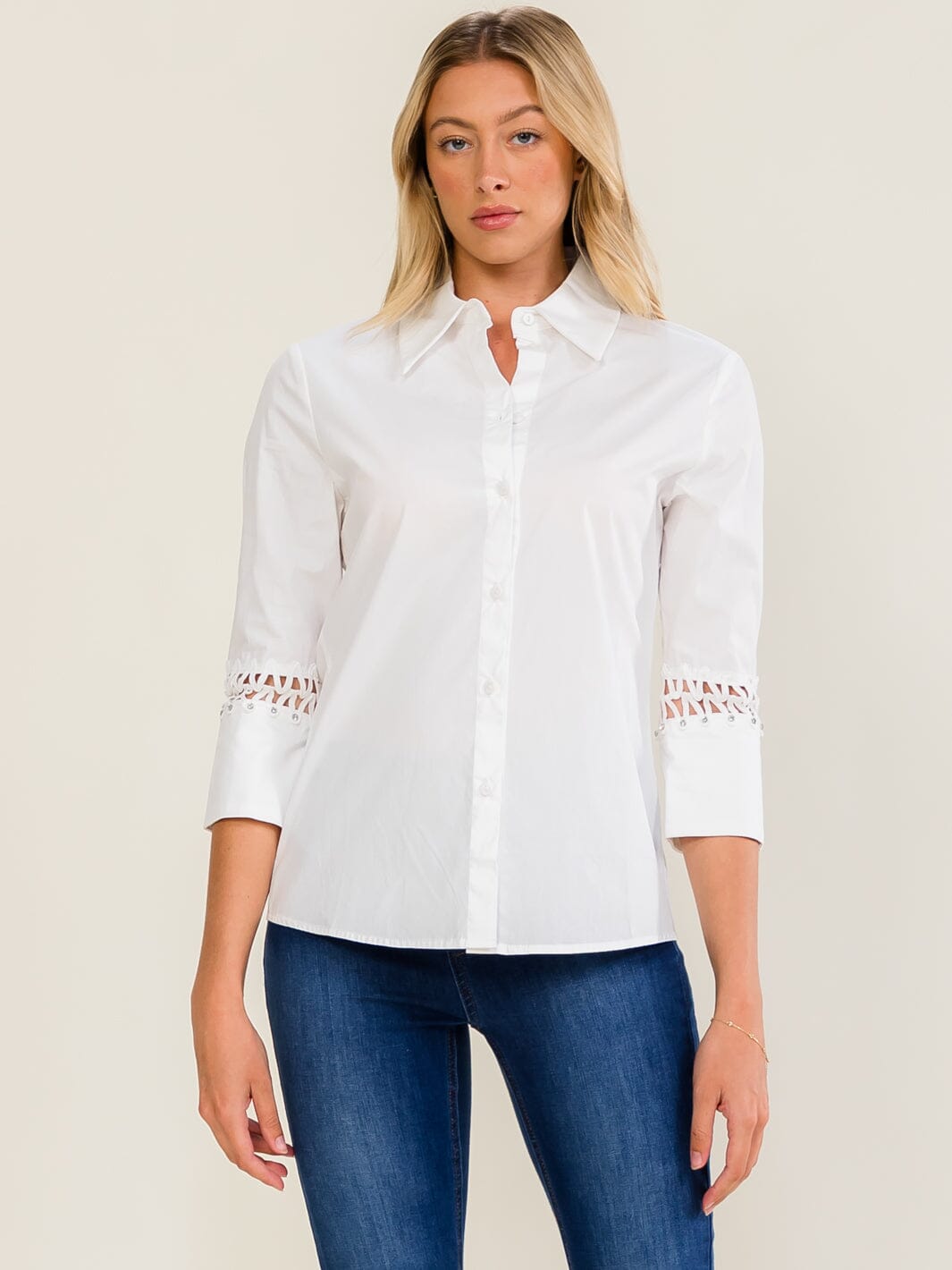 WOMEN'S 3/4 EYELET SLEEVE BUTTON UP BLOUSE