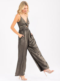 WOMEN'S SLEEVELESS V-NECK KEY HOLE FRONT POCKETS WIDE LEG SHIMMER JUMPSUIT