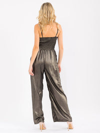 WOMEN'S SLEEVELESS V-NECK KEY HOLE FRONT POCKETS WIDE LEG SHIMMER JUMPSUIT