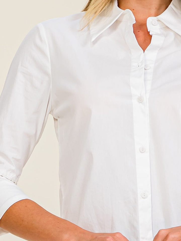 WOMEN'S 3/4 EYELET SLEEVE BUTTON UP BLOUSE