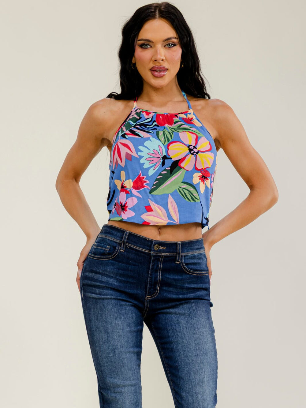 WOMEN'S SLEEVELESS HALTER NECK OPEN BACK FLORAL CROP TOP