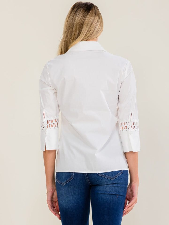 WOMEN'S 3/4 EYELET SLEEVE BUTTON UP BLOUSE