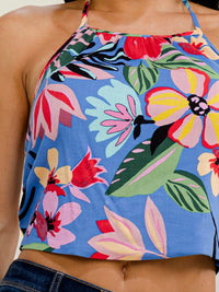 WOMEN'S SLEEVELESS HALTER NECK OPEN BACK FLORAL CROP TOP