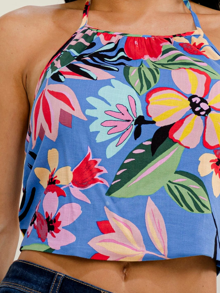 WOMEN'S SLEEVELESS HALTER NECK OPEN BACK FLORAL CROP TOP