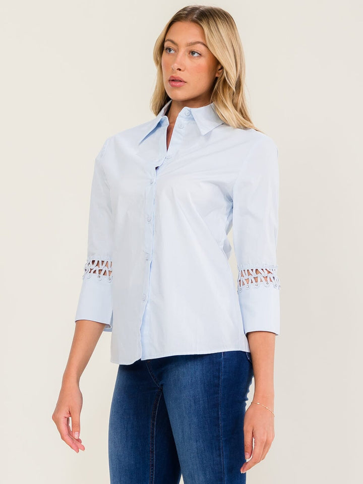 WOMEN'S 3/4 EYELET SLEEVE BUTTON UP BLOUSE