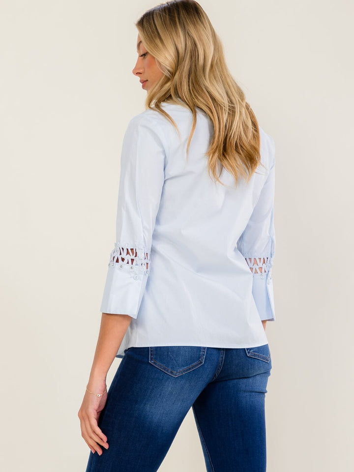 WOMEN'S 3/4 EYELET SLEEVE BUTTON UP BLOUSE