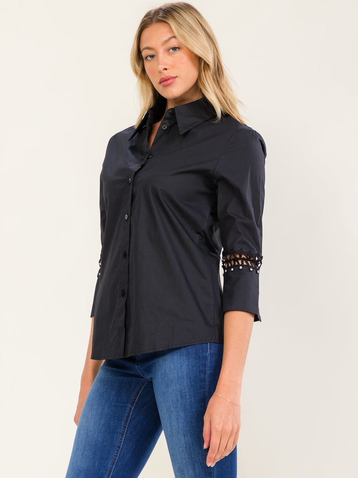 WOMEN'S 3/4 EYELET SLEEVE BUTTON UP BLOUSE
