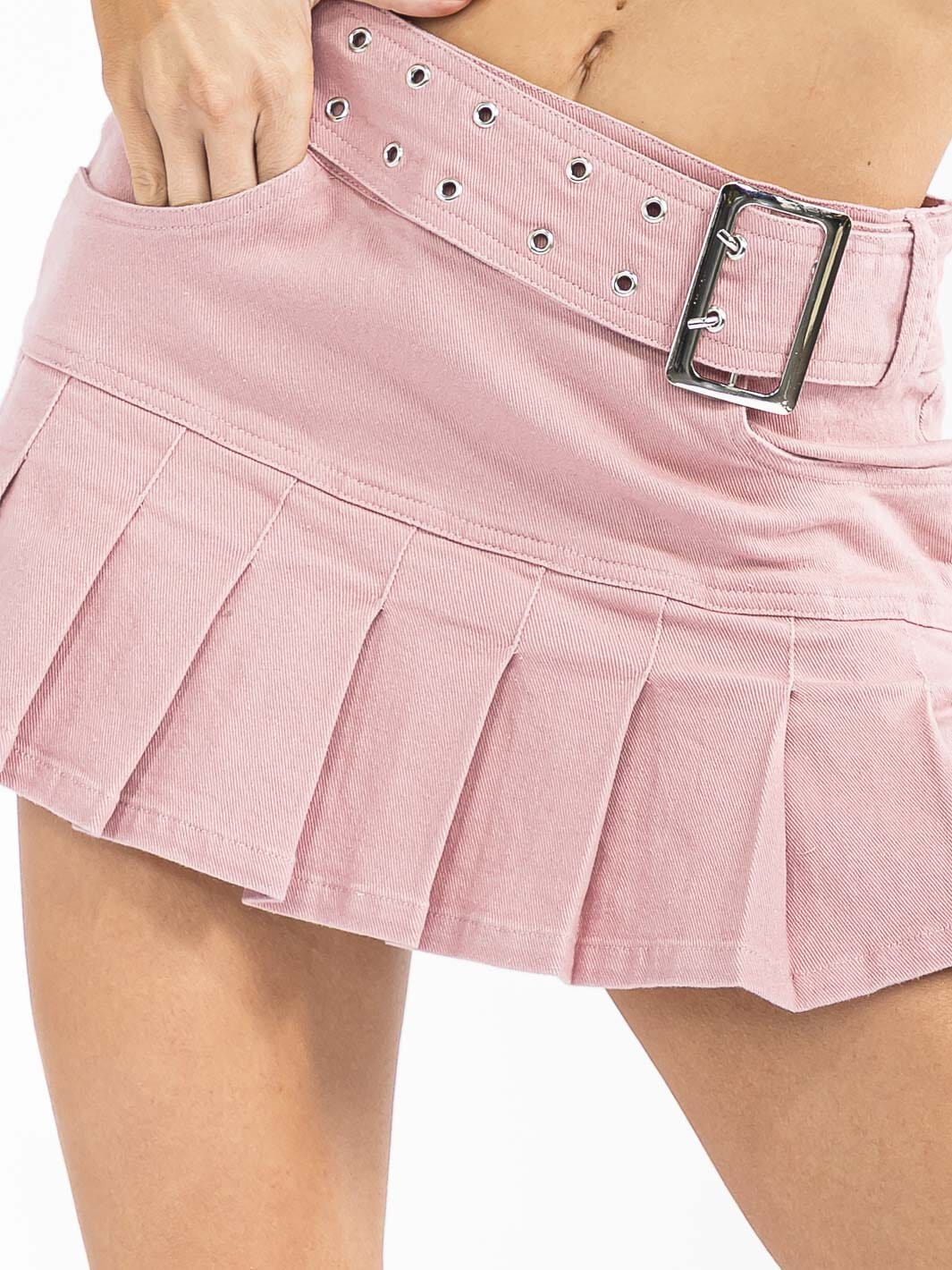 WOMEN'S ZIP UP FRONT POCKETS PLEATED DENIM BELTED MINI SKIRT