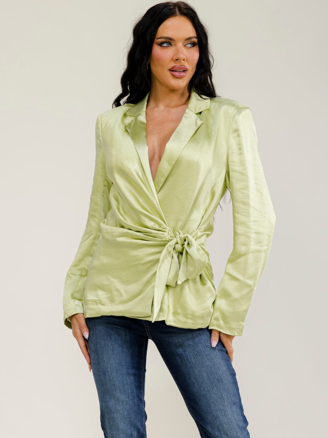 WOMEN'S LONG SLEEVE V-NECK SELF TIE WRAP BLAZER