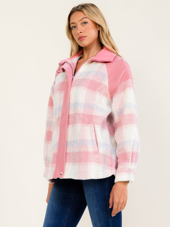 WOMEN'S LONG SLEEVE BUTTON CLOSURE FRONT POCKETS PLAID JACKETS