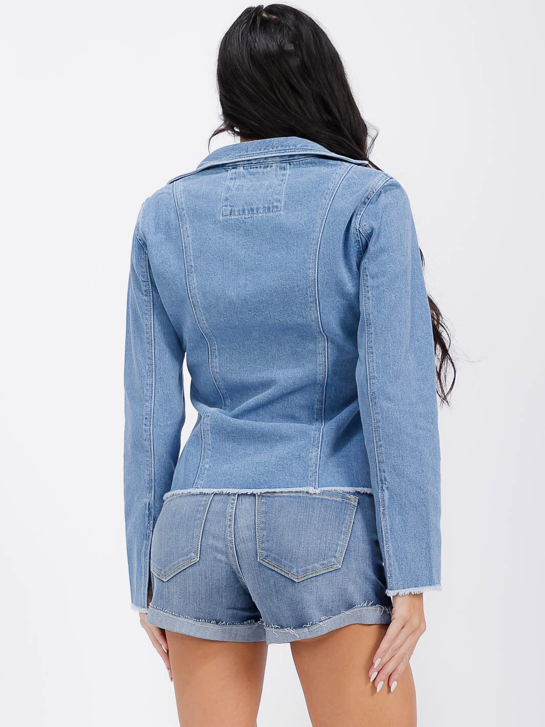 WOMEN'S LONG SLEEVE OPEN FRONT SELF TIE DENIM BLAZER