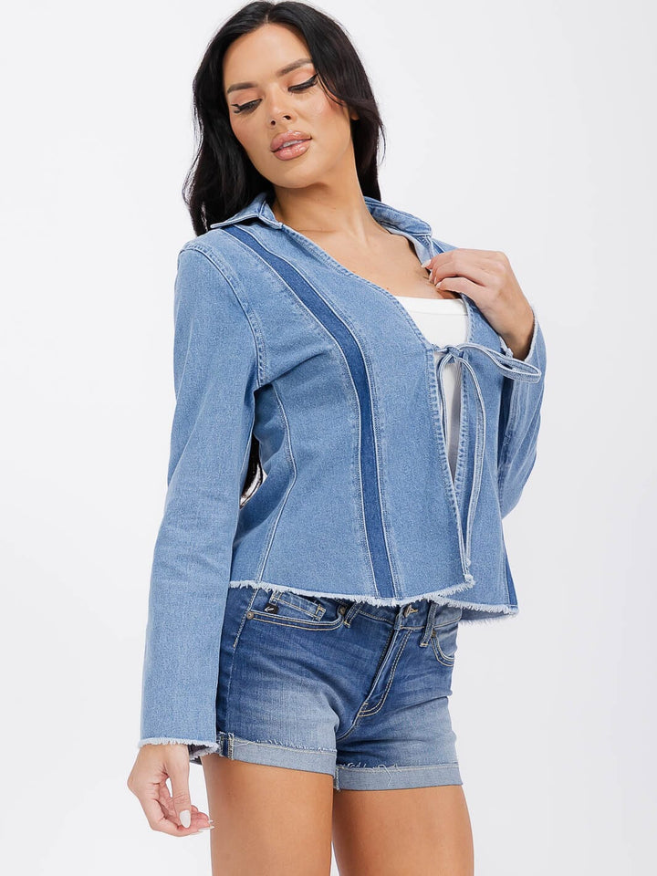 WOMEN'S LONG SLEEVE OPEN FRONT SELF TIE DENIM BLAZER