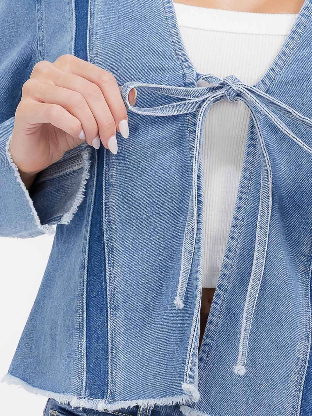 WOMEN'S LONG SLEEVE OPEN FRONT SELF TIE DENIM BLAZER