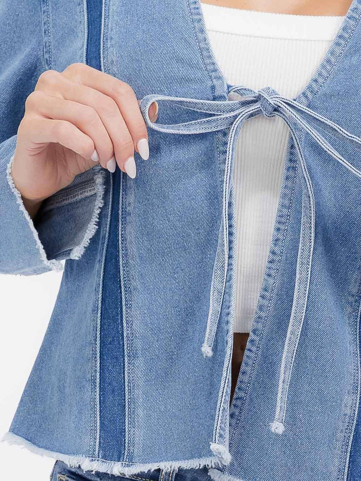 WOMEN'S LONG SLEEVE OPEN FRONT SELF TIE DENIM BLAZER