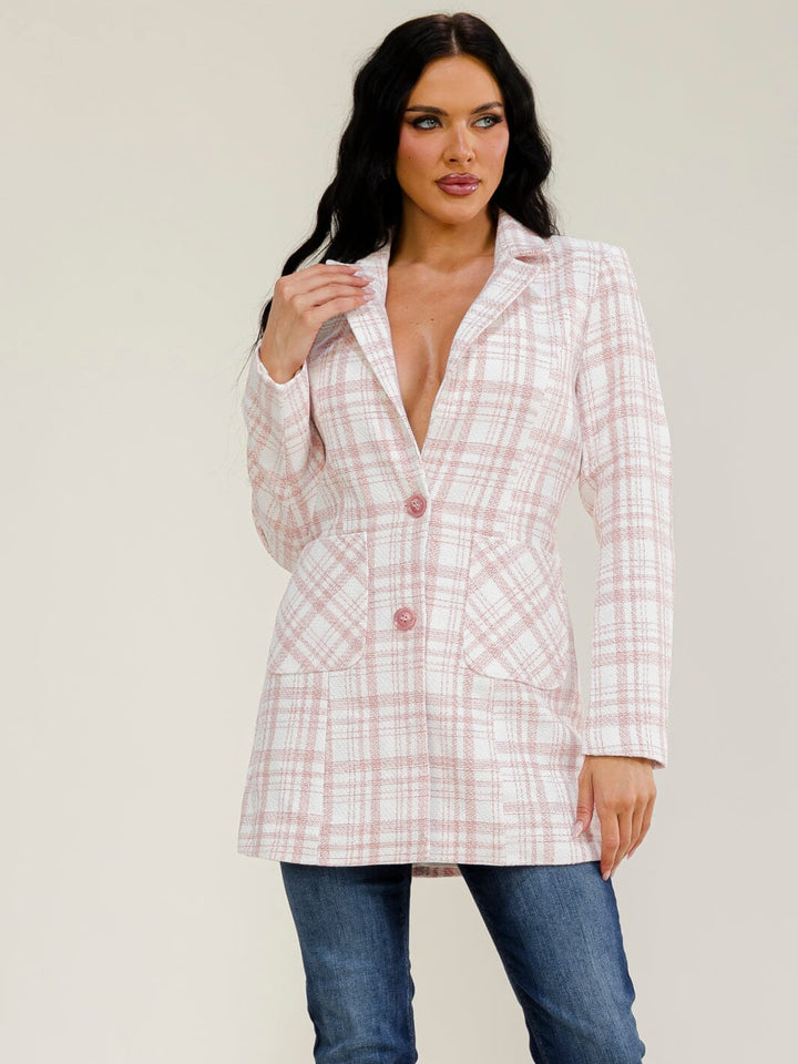 WOMEN'S LONG SLEEVE BUTTON CLOSURE FRONT POCKETS PLAID COAT