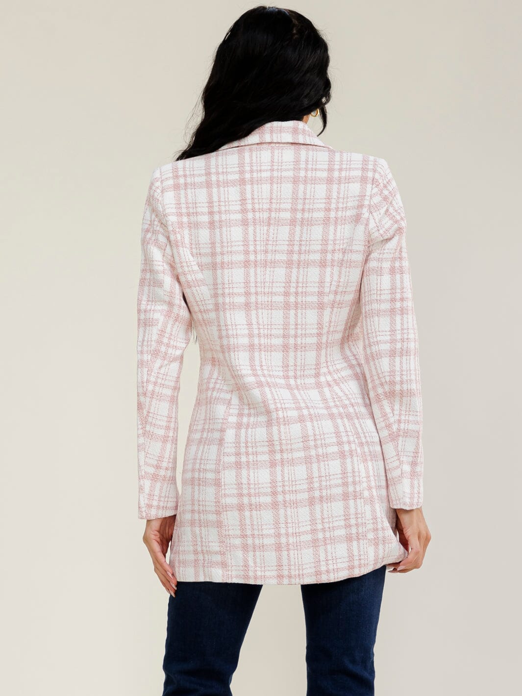 WOMEN'S LONG SLEEVE BUTTON CLOSURE FRONT POCKETS PLAID COAT