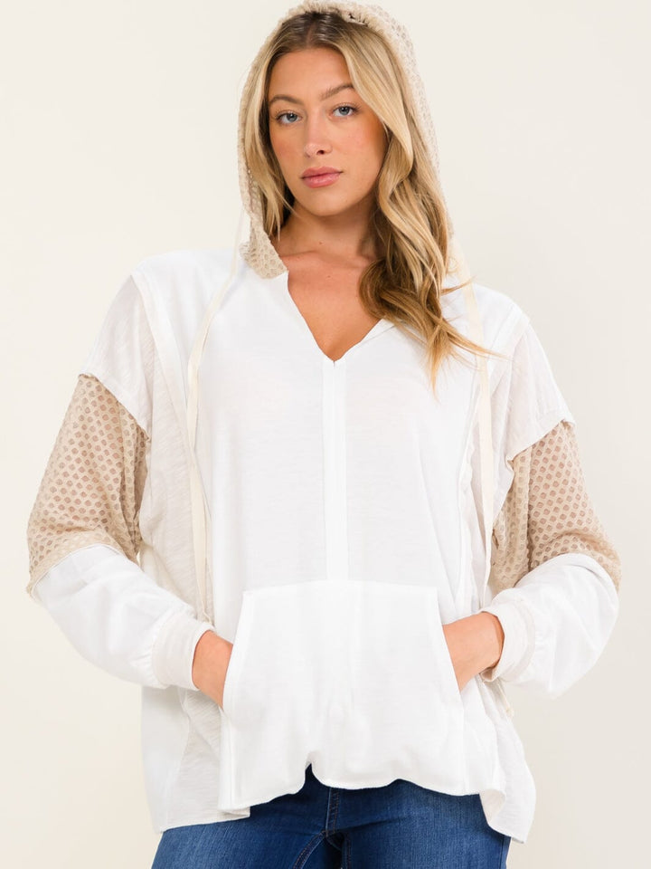 WOMEN'S LONG SLEEVE V-NECK FRONT POCKET HOODED PULLOVER SWEATER