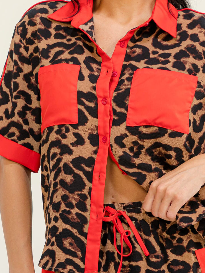 WOMEN'S SHORT SLEEVES BUTTON UP TOP & ELASTIC WAIST POCKETS SHORTS ANIMAL PRINT 2PC. SET