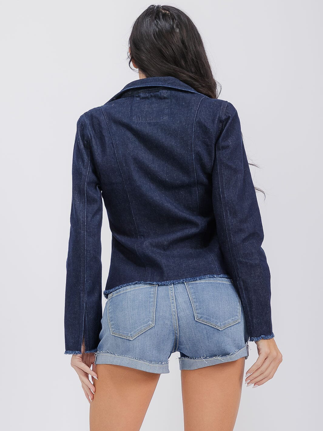 WOMEN'S LONG SLEEVE OPEN FRONT SELF TIE DENIM BLAZER