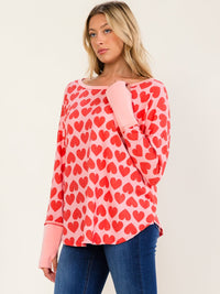 WOMEN'S LONG SLEEVE HEART PRINT TOP