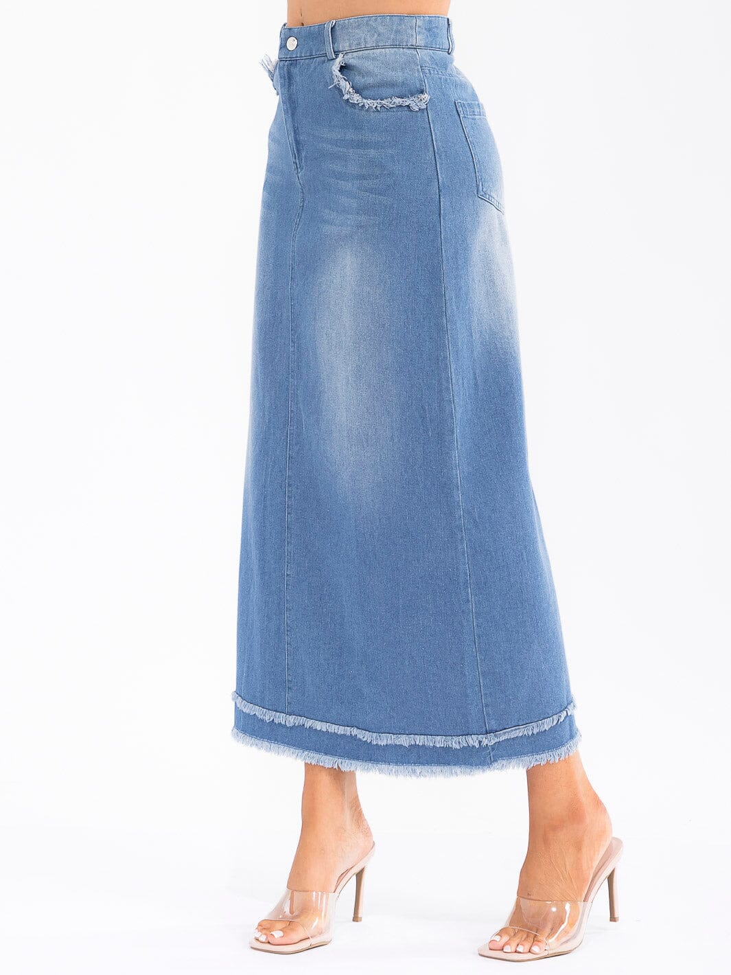 WOMEN'S BUTTON CLOSURE POCKETS WASHED DENIM MAXI SKIRT