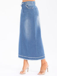 WOMEN'S BUTTON CLOSURE POCKETS WASHED DENIM MAXI SKIRT