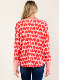 WOMEN'S LONG SLEEVE HEART PRINT TOP
