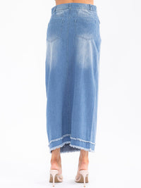 WOMEN'S BUTTON CLOSURE POCKETS WASHED DENIM MAXI SKIRT