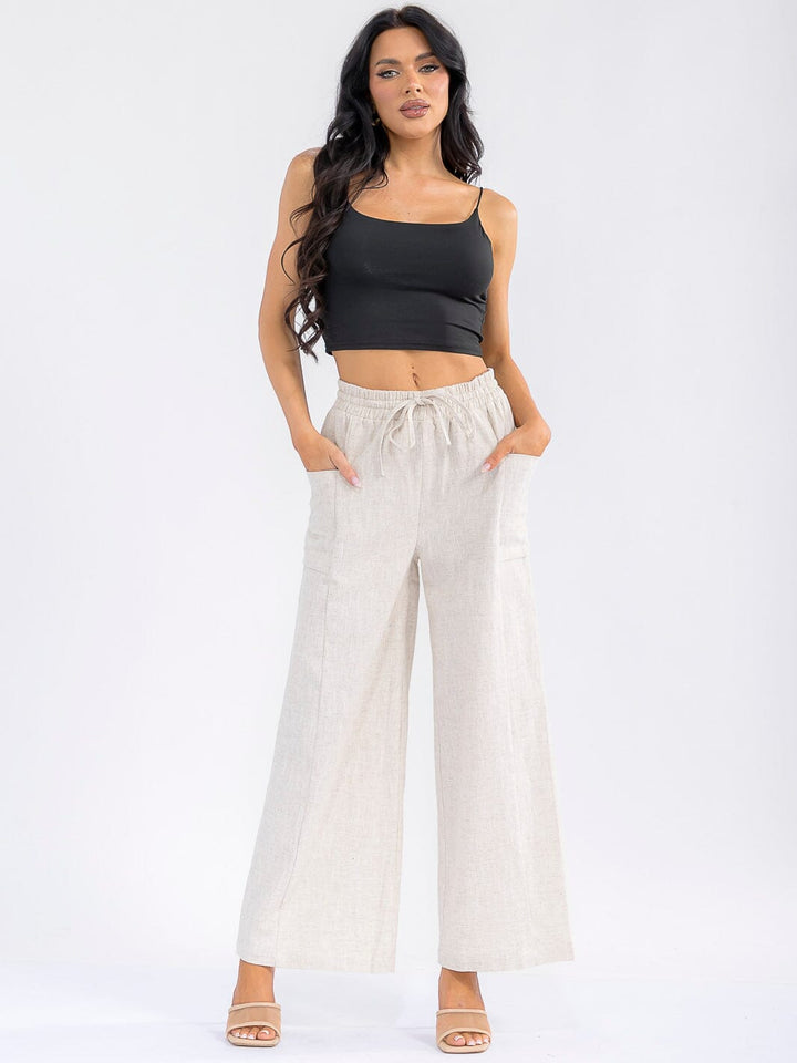 WOMEN'S ELASTIC WAIST POCKETS WIDE LEG PALAZZO LINEN PANTS
