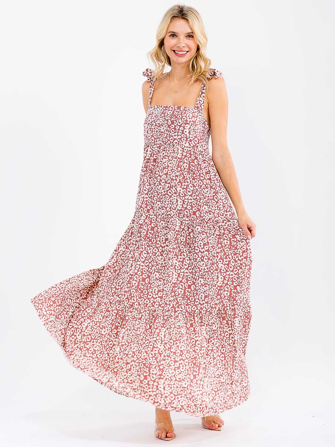 WOMEN'S SLEEVELESS SQUARE NECK SMOCK TIERED ANIMAL PRINT MAXI DRESS