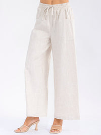 WOMEN'S ELASTIC WAIST POCKETS WIDE LEG PALAZZO LINEN PANTS