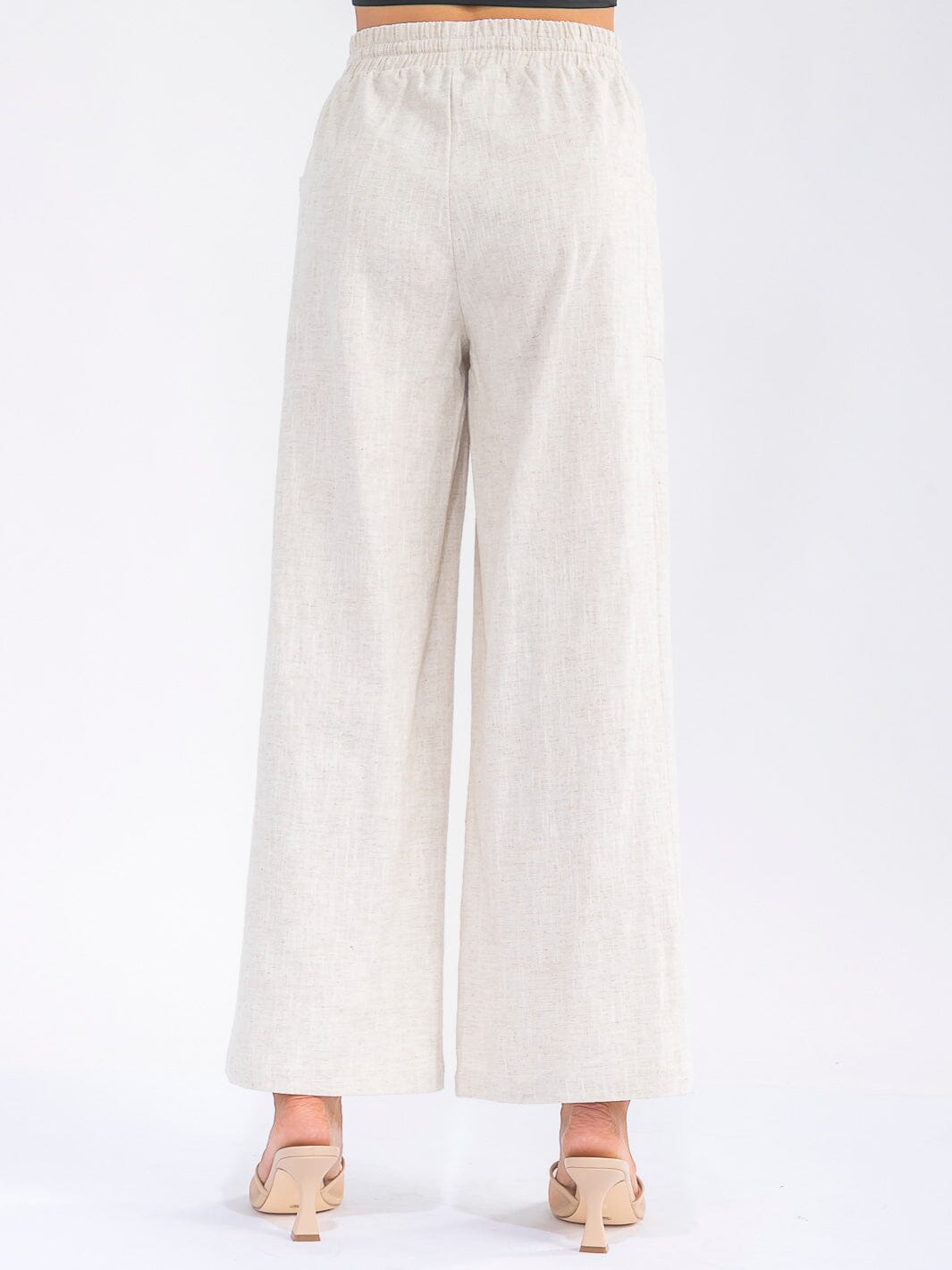 WOMEN'S ELASTIC WAIST POCKETS WIDE LEG PALAZZO LINEN PANTS