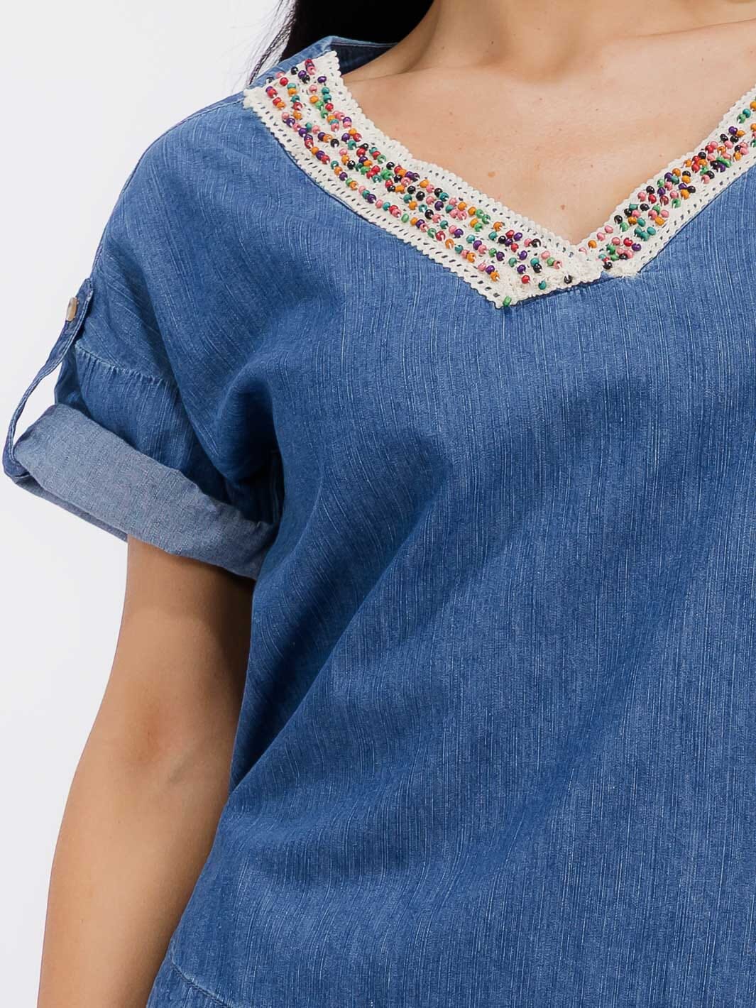 WOMEN'S SHORT SLEEVE V-NECK TRIM DETAILED DENIM TOP