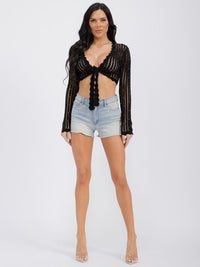 WOMEN'S LONG SLEEVE SELF TIE PEARL DETAILED KNIT CROP TOP