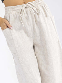 WOMEN'S ELASTIC WAIST POCKETS WIDE LEG PALAZZO LINEN PANTS